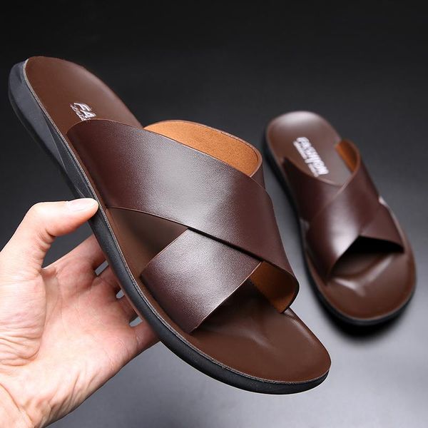 Sandálias Marca Moda Verão Homens Sapatos Vintage Flats Italiano Casual Beach antiderrapante Genuine Leather Flip Flop Chinelos NX-88