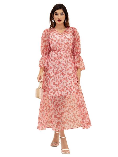 

modely floral print flounce sleeve organza a-line dress e4jx#, Black;gray