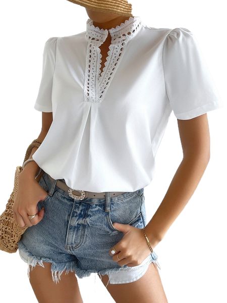 

guipure lace trim stand collar blouse k98y#, White