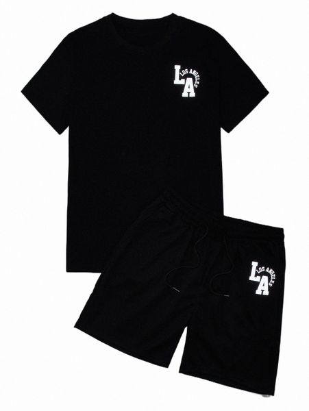 

men reflective letter graphic tee & drawstring waist shorts t6is#, Gray