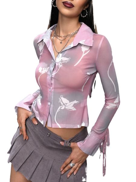 

floral print button front mesh shirt 45n0#, White