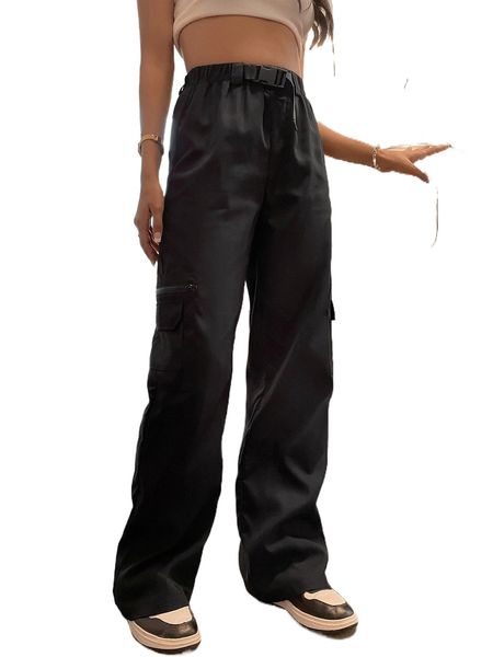 

buckle waist flap pocket cargo pants w1sz#, Black;white