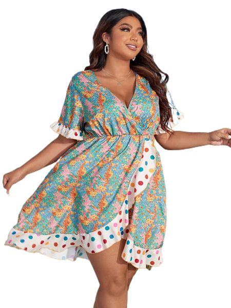 

plus polka dot print flounce sleeve wrap hem a-line dress e3mq#, Black