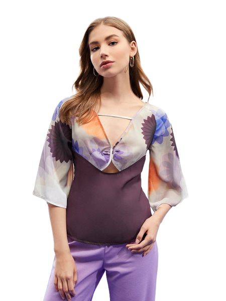 

x adann colorblock print cutout flounce sleeve z7en#, White