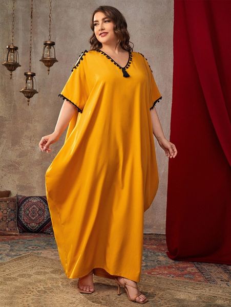 

plus pompom trim tassel detail cold shoulder tent dress 68ou#, Black