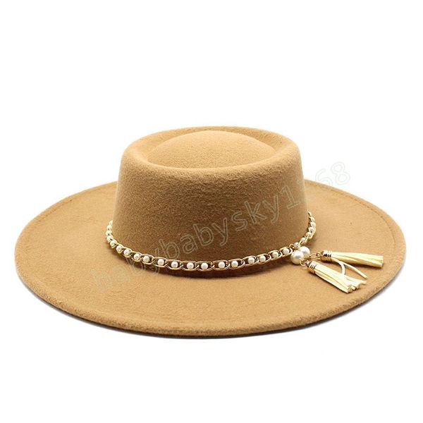

8.5cm wide brim hat with pearl chain women candy color wool felt fedora hat british style winter gentleman elegant formal church hats, Yellow