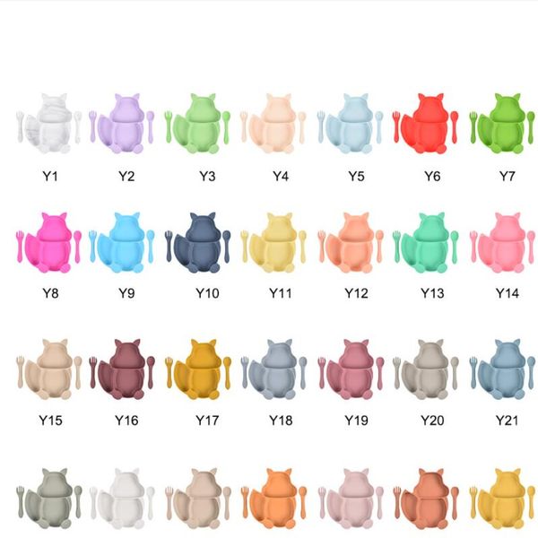 

baby feeding tableware set dishes utensils food grade cartoon squirrel silicone separate plate bowl spoon fork 3pcs/set 28 colors sea ship y