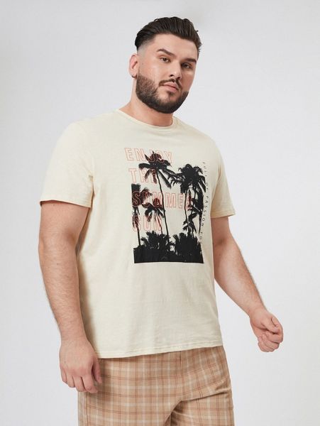 

extended sizes men slogan & palm tree print tee k7ss#, White;black