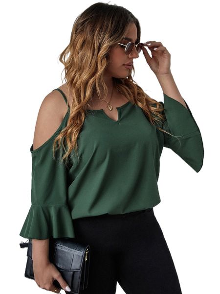 

plus cold shoulder flounce sleeve blouse j7l9#, Black