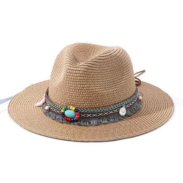 

wide brim hats new tassel turquoise decor straw for women bohemian beach elegant sun panama ladies uv protection travel 220610, Blue;gray