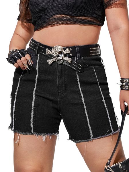 

plus raw hem slant pocket denim shorts without belt m72l#, White;black