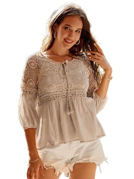 

contrast guipure lace tassel tie peplum blouse o8pt#, White
