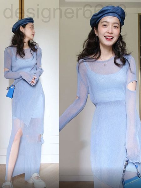 

casual dresses designer 10429# spring and summer female cool light cooked wind imperial sister suit sky blue suspender dress i7qu, Black;gray