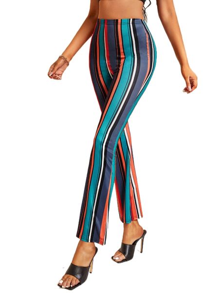 

block striped boot cut leg pants v5s5#, Black;white