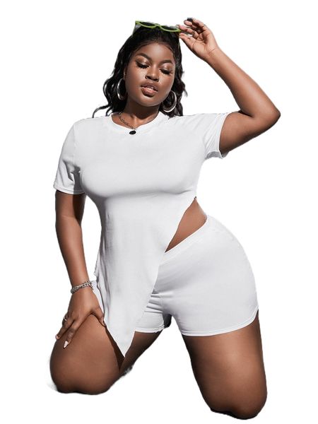 

plus solid asymmetrical hem tee & biker shorts s10b#, Black