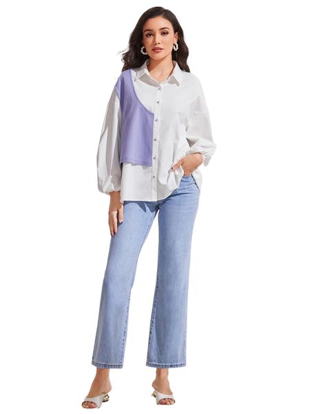 

drop shoulder colorblock shirt c9kv#, White