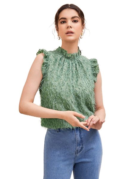 

frill trim fuzzy blouse z6jg#, White