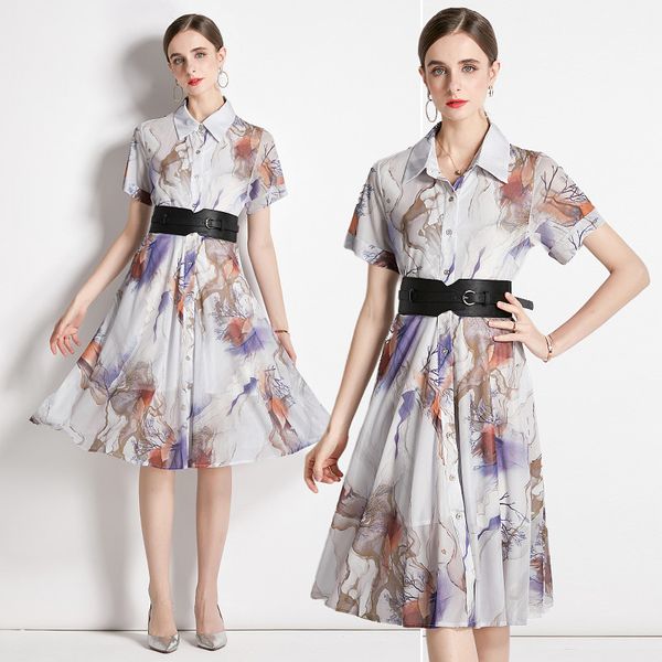 

2022 elegant print summer shirt dress woman designer short sleeve lapel single-breasted runway slim loose big swing dresses street style cas, Black;gray