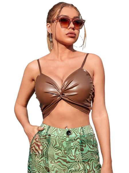 

twist front zipper back pu leather cami c54d#, White