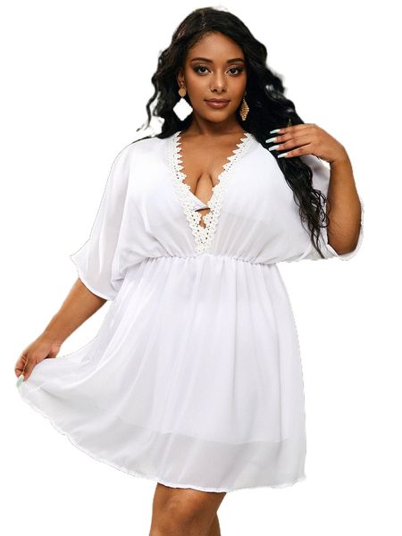 

plus guipure lace panel batwing sleeve cover up without bikini l5fv#, Black
