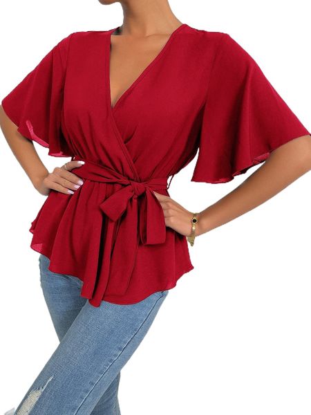 

solid wrap belted v-neck blouse r0og#, White