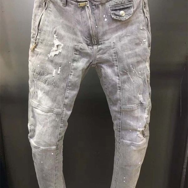 

new fashion ripped italian style jeans men patchwork hollow out printed beggar cropped pants man cowboys demin pants male 210330, Blue