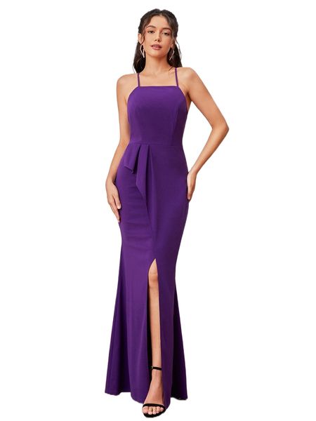 

lace up backless fold pleated split thigh bridesmaid dress u7tr#, White;black