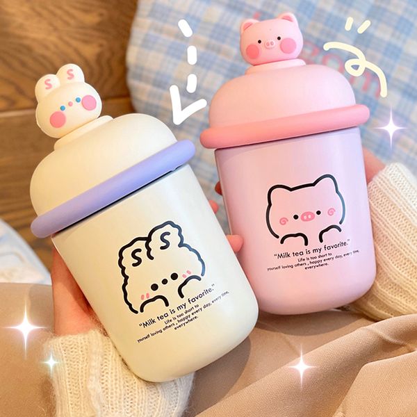 350ml kawaii bear garrafa térmica com alça para crianças menina aço inoxidável isolado chá de café portátil garrafas de água quente