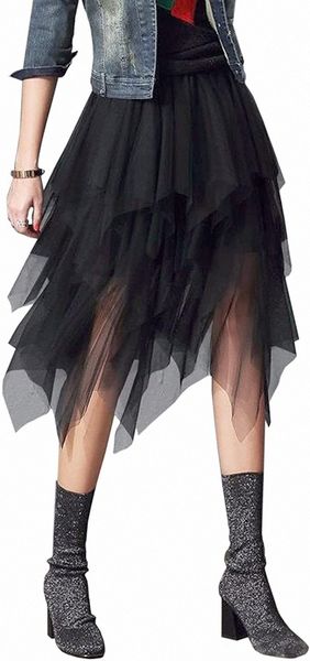 

skirts for women 3 layered high low asymmetrical midi length elastic waist mesh tutu skirts e0h7#, White;black