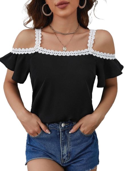 

cold shoulder guipure lace trim blouse j9cu#, White
