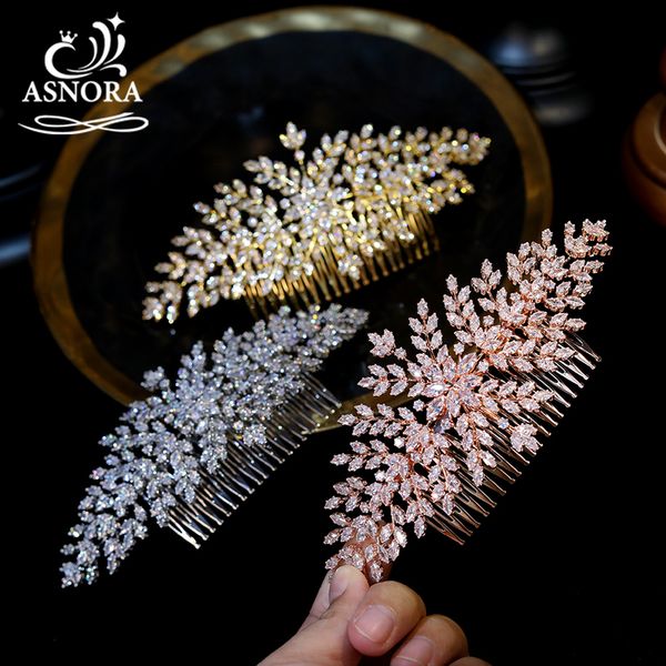 

asnora aaa cz wedding hair accessories bridal comb golden leaf tiaras female prom banquet 220805, Slivery;golden