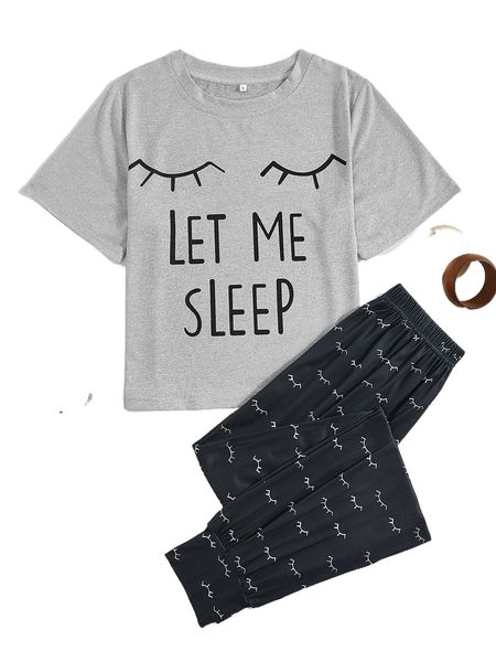 

eyelash and slogan graphic tee & pants pj set 70xi#, Black;red