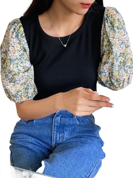 

dazy floral puff sleeve tee r90y#, White