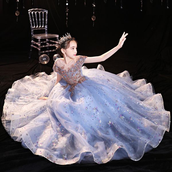 

wholesale childrens evening dress girl princess dress tulle tutu fairy long dress flower girl host costume for piano performance, White;blue