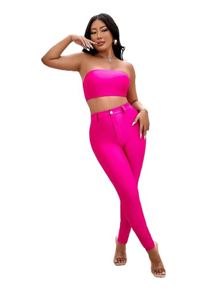 

solid crop tube & pants set t2u2#, White