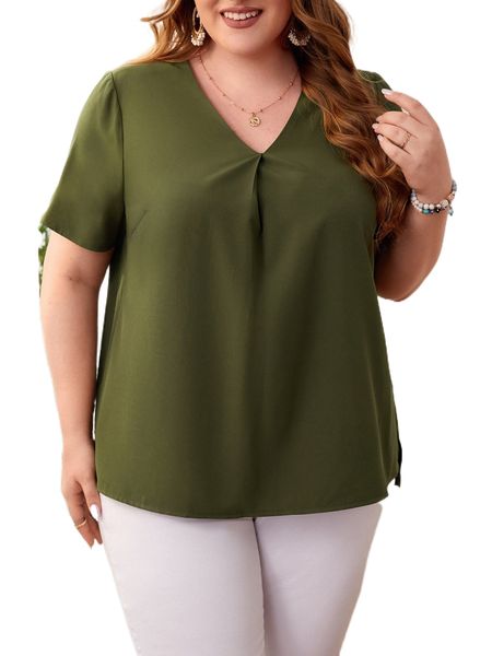 

plus solid split side blouse 42kh#, Black