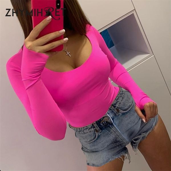 

zhymihret autumn neon color bodysuit women rompers long sleeve o neck short jumpsuit female skinny body mujer 220810, Black;white
