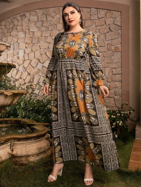

plus paisley & geo print tie neck flounce sleeve dress p6m7#, Black