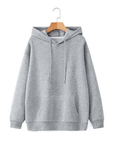 

solid kangaroo pocket drop shoulder drawstring thermal hoodie 58fu#, Black