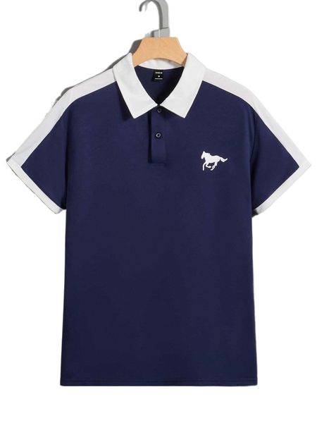 

men horse print contrast side seam polo shirt n7di#, White;black