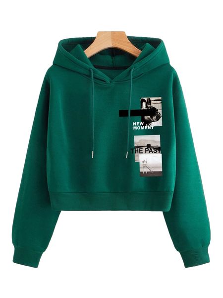 

letter graphic drop shoulder drawstring thermal hoodie 62ma#, Black