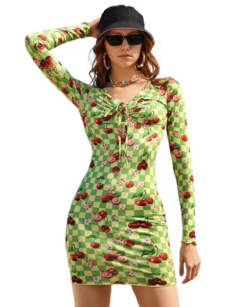 

floral & cherry pattern knot detail ruched bodycon dress n5zx#, Black;gray