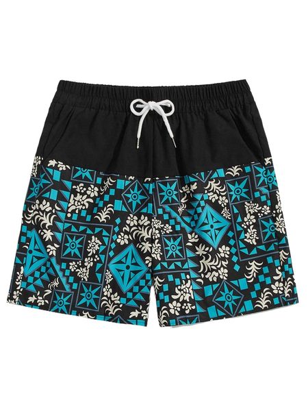 

romwe guys floral geo print drawstring shorts p6p2#, White;black