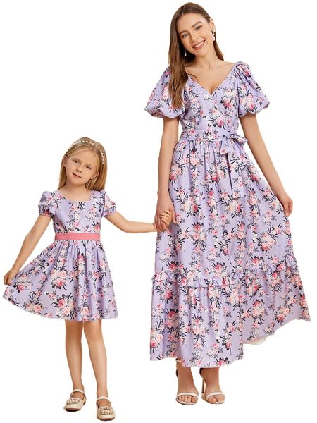 

1pc f.loral p.rint b.ishop s.leeve b.elted d.ress 6405#, Black;gray