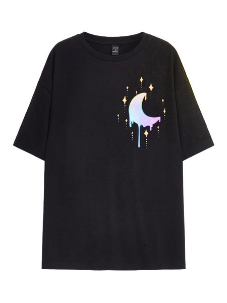 

x ishali art four-pointed star & moon print drop shoulder tee v6hq#, White