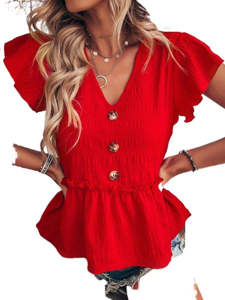 

flutter sleeve fake button peplum hem blouse e25u#, White