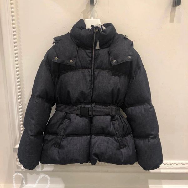 Monclears Piumini da donna ricamati firmati Braccialetti con lettera Cappotto invernale con cappuccio Giacca da donna in tessuto denim con cintura Capispalla