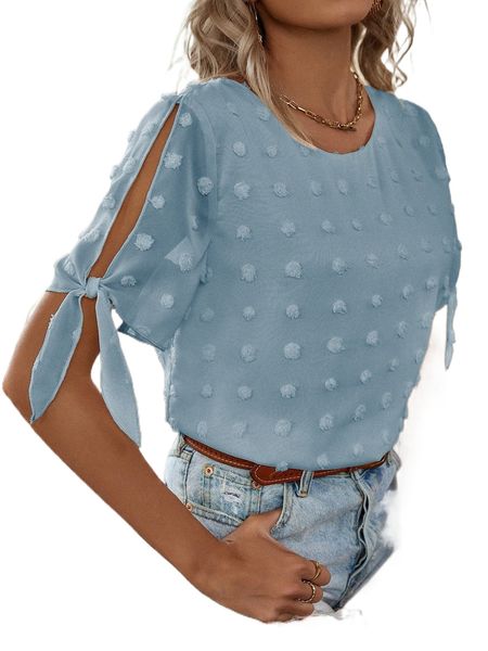 

swiss dot split sleeve knot cuff blouse 47ox#, White