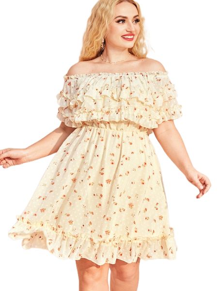 

plus floral print off shoulder ruffle trim dress x0xx#, Black