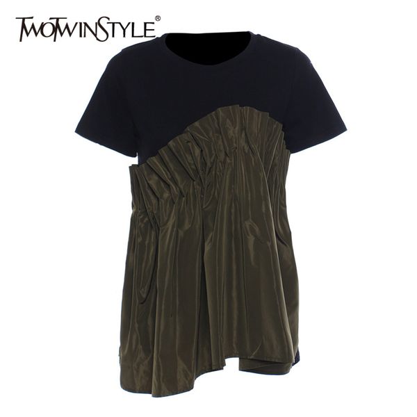 

patchwork hit color for women o neck short sleeve ruched casual t shirt female fashion clothing 210423, White